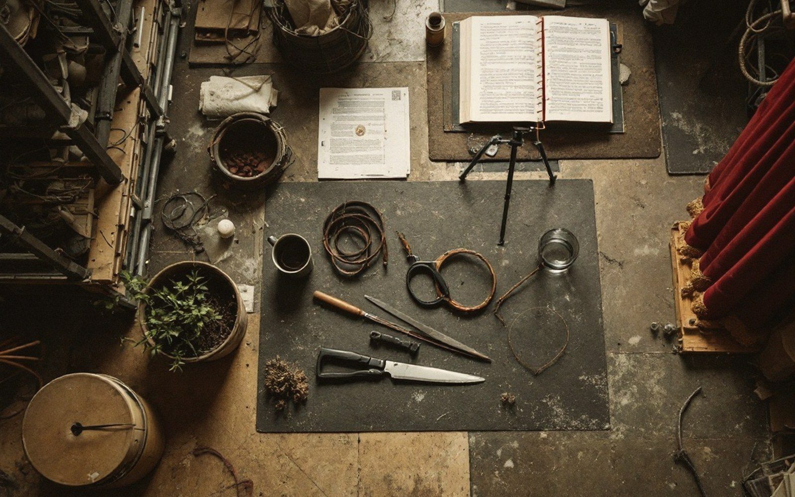 Overhead view of a knife, tools, coiled wire and an open book on a workbench